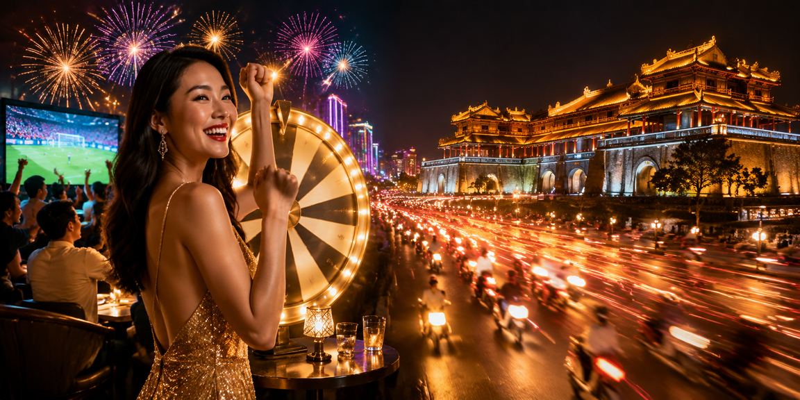 Người chơi tại Huế thưởng thức trò chơi may mắn dưới ánh đèn neon về đêm